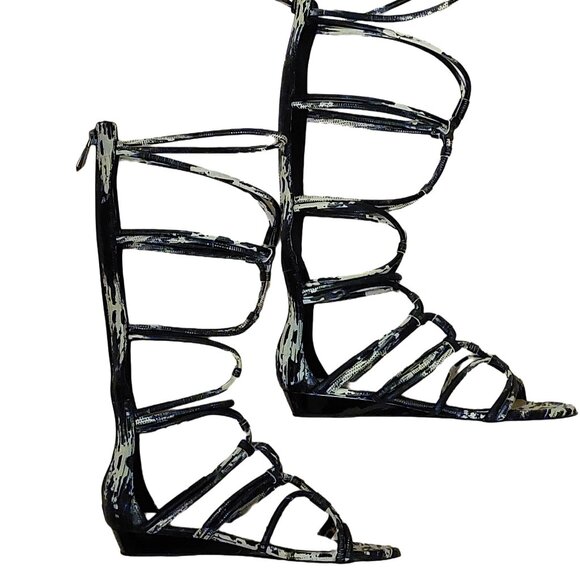 BCBGMAXAZRIA Tall Gladiator Sandals Black and White Leather Shoes Size 7 $484 - Picture 3 of 8